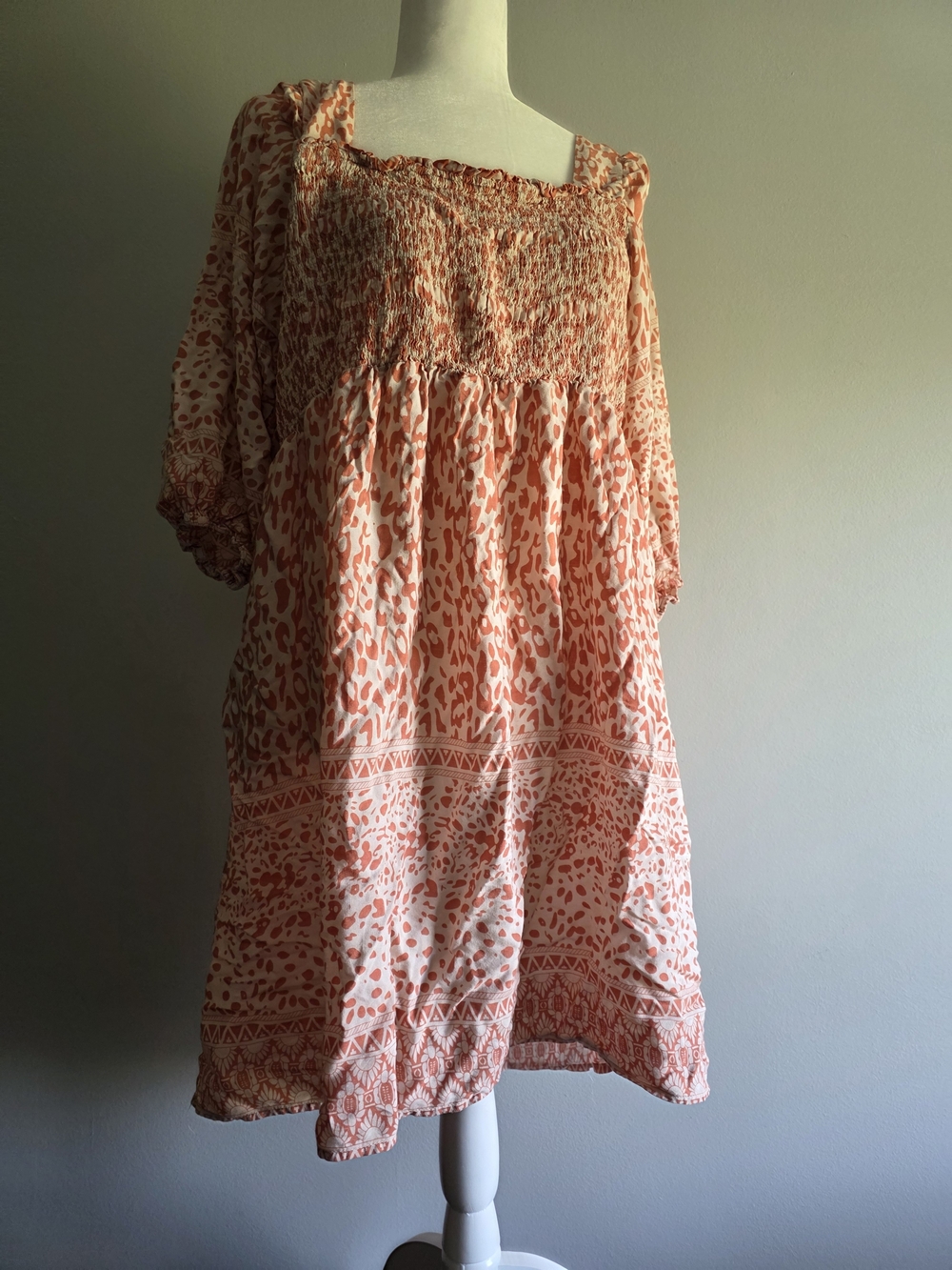 Umgee Boho Coral Cream Print Smocked Midi Dress Size 1XL Puff Sleeve